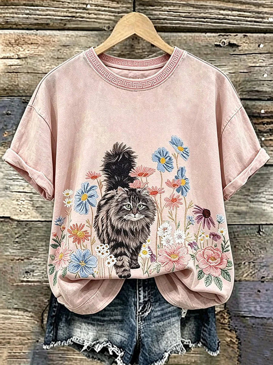 T-shirt décontracté à imprimé chat pour femmes