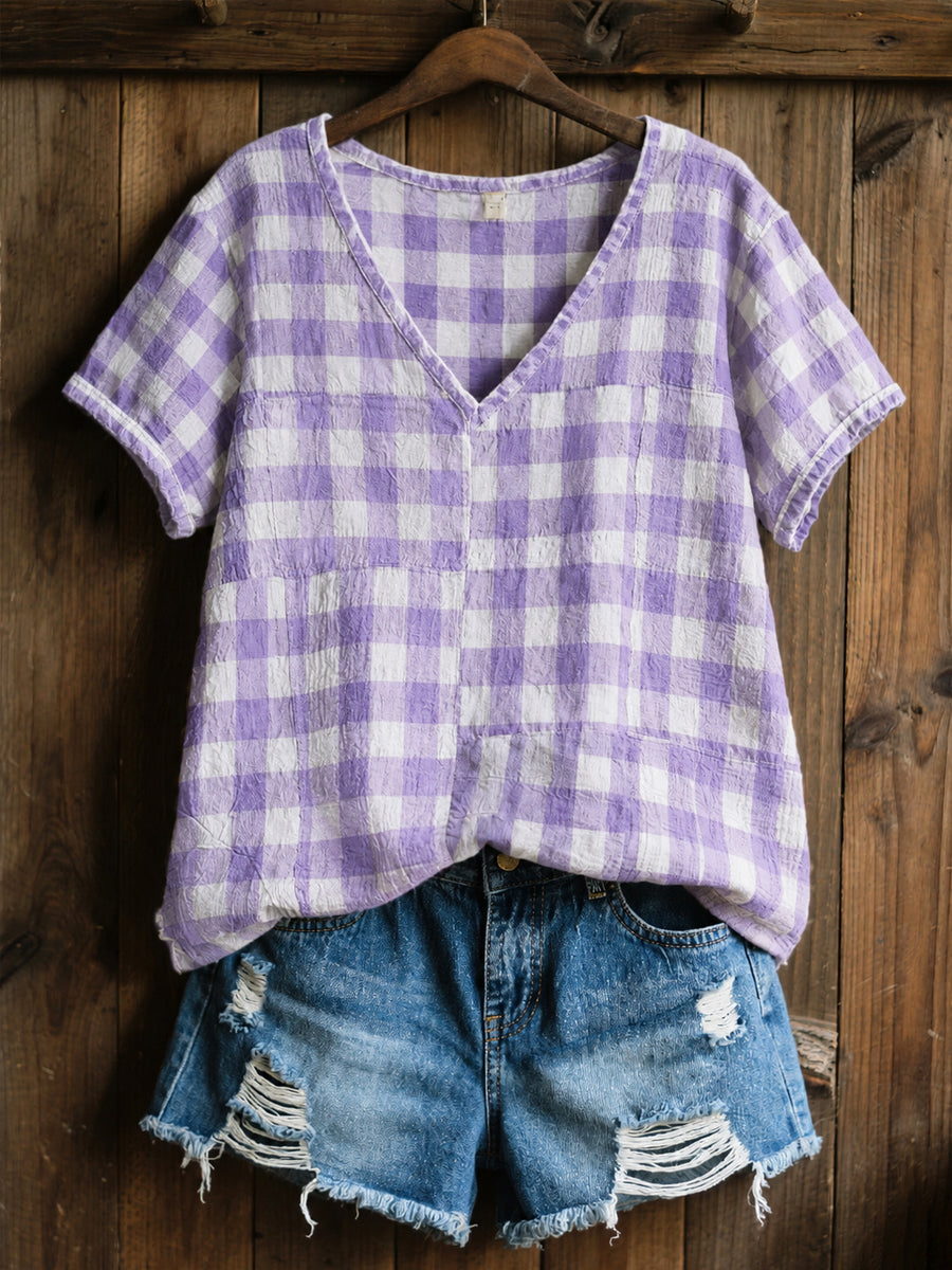 Femmes Alzheimer's Awareness Support Purple Grid Pattern V-Neck Chemise à manches courtes