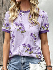 Chemise Femme Décontractée Motif Fleur Plante Violet Imprimé Coton-Lin