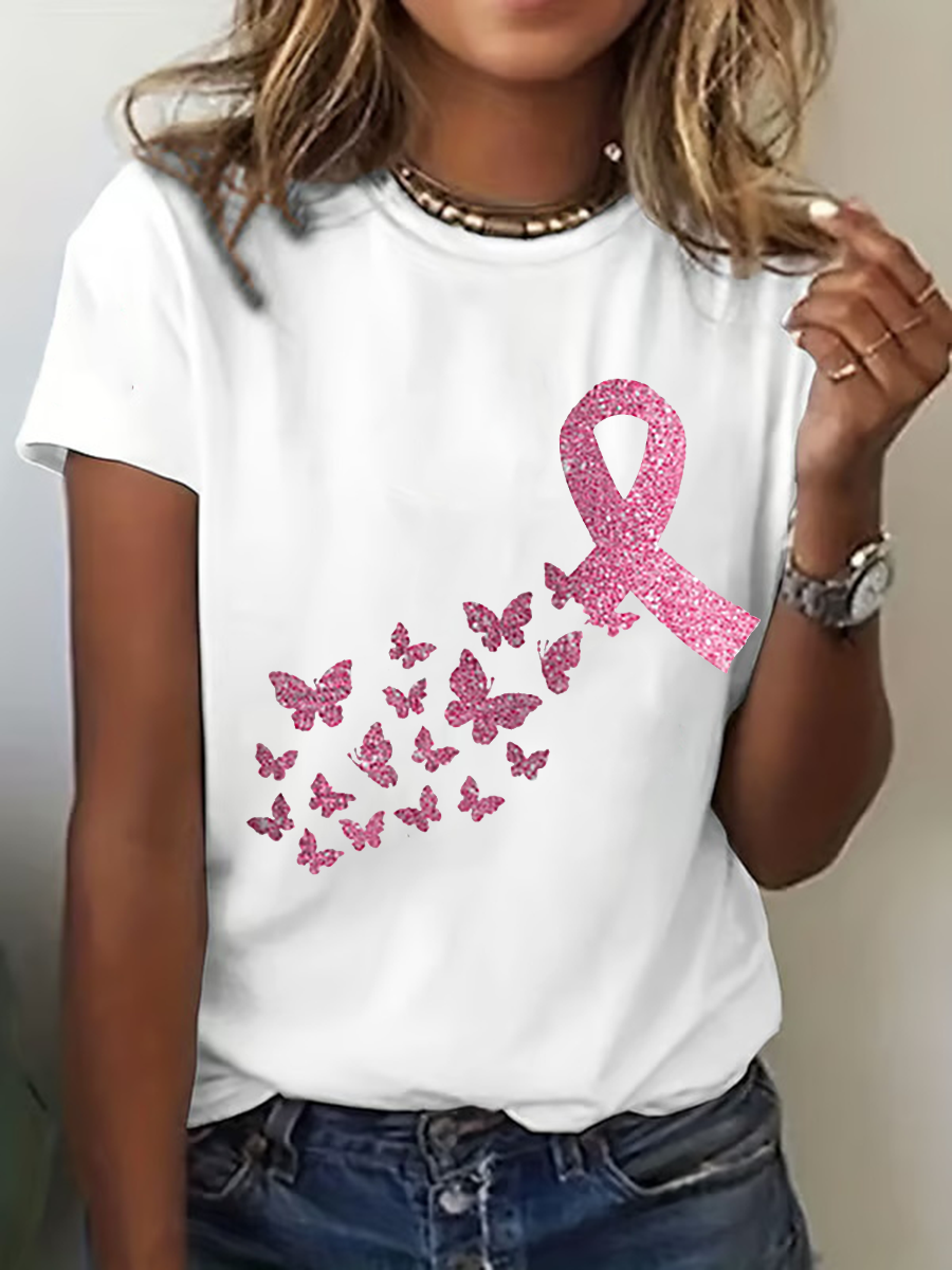 T-shirt décontracté à imprimé ruban rose de sensibilisation au cancer du sein chez la femme