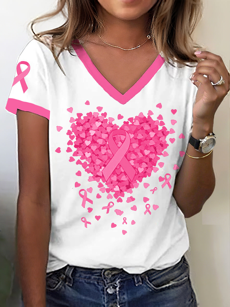 Sensibilisation au cancer du sein des femmes T-shirt imprimé ruban de coeur