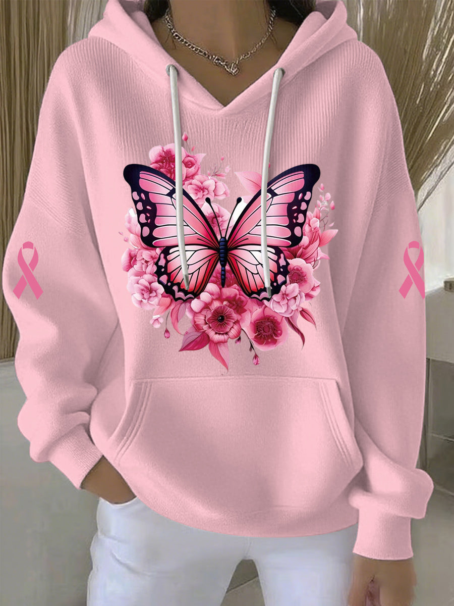 Sweat à Capuche Décontracté Femme Rose Cancer Du Sein Imprimé