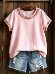 T-shirt femme manches courtes rose imprimé floral en lin