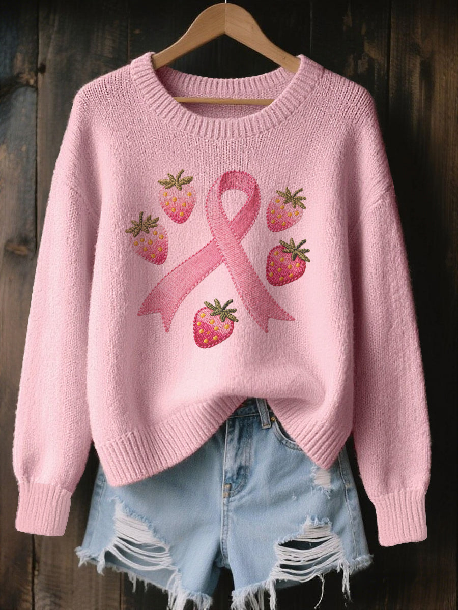 Le rose du cancer du sein des femmes a brodé le chandail confortable de Knit de fraise
