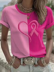 T-shirt décontracté à imprimé ruban rose pour la sensibilisation au cancer du sein chez les femmes