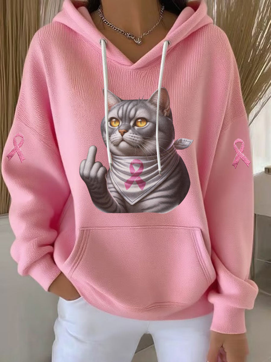 Sweat à Capuche Décontracté Chat Imprimé Ruban Rose pour Femme