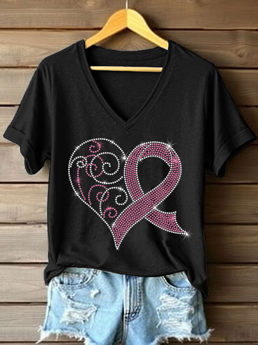 Strass Rose Ruban Motif V-Neck T-Shirt des femmes
