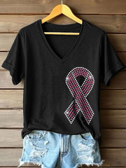 T-shirt à col en V pour femme, motif ruban rose orné de strass