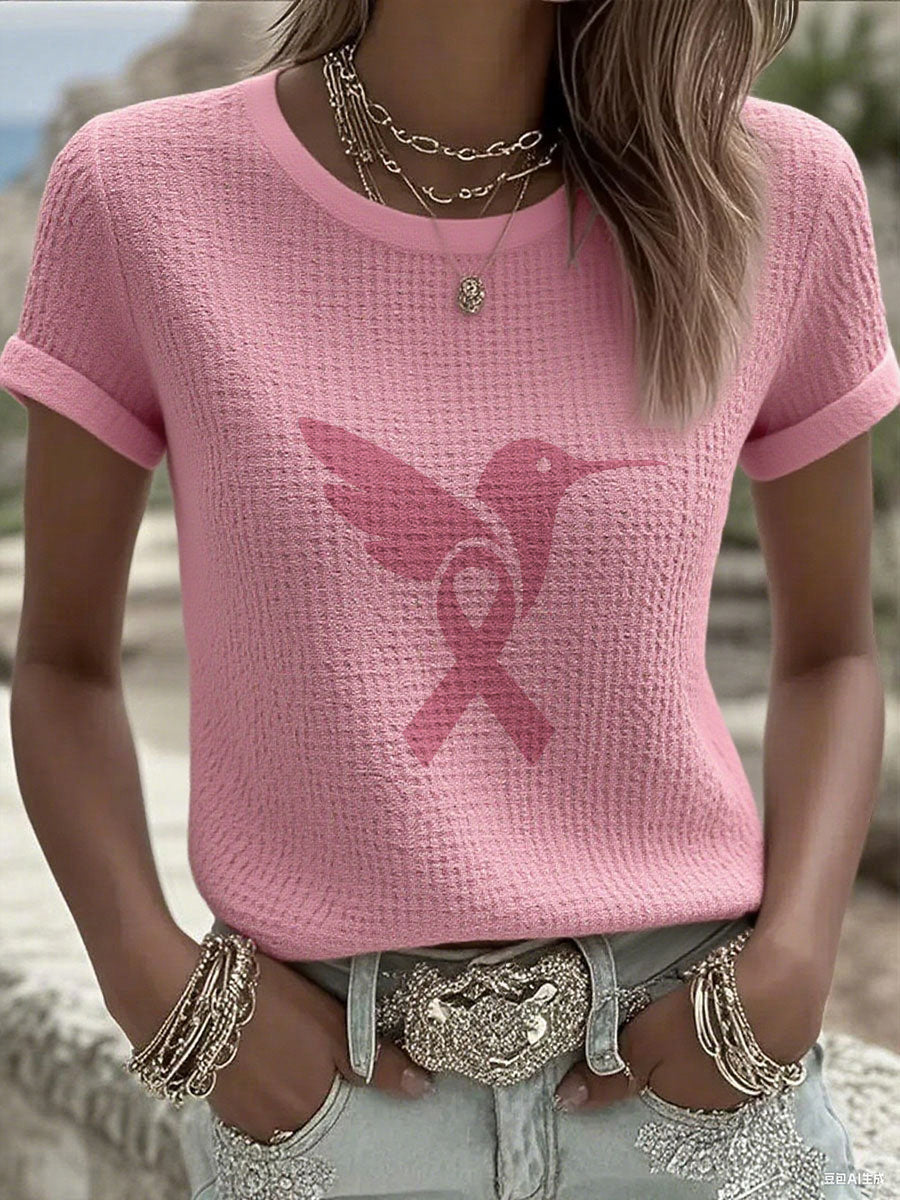 Sensibilisation au cancer du sein pour femmes T-shirt gaufré à imprimé colibri rose