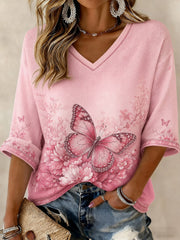 T-shirt femme à manches mi-longues et col en V, motif fleurs sur le thème du cancer du sein