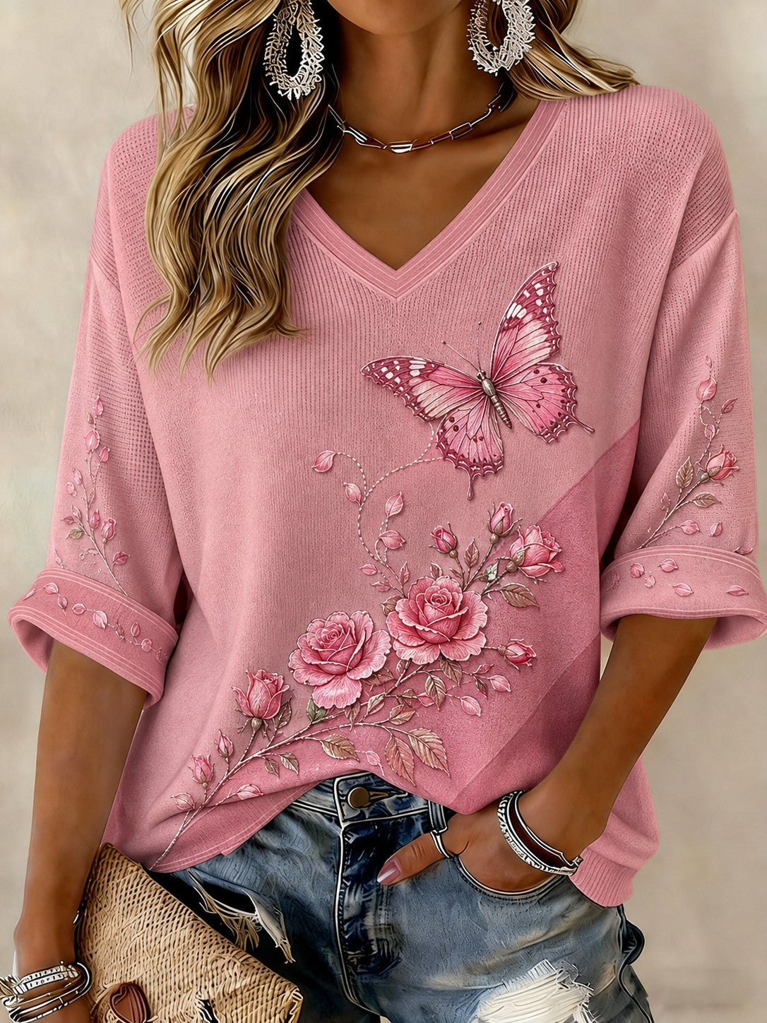 T-shirt femme à manches mi-longues et col en V, motif fleurs sur le thème du cancer du sein