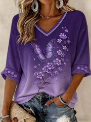 T-shirt femme contre la maladie d’Alzheimer, à manches mi-longues et col en V, imprimé de fleurs