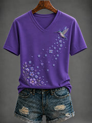 T-shirt à col en V imprimé d’art Flora violet pour femme