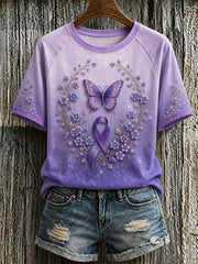 T-shirt de soutien violet imprimé floral et papillon pour femmes, sensibilisation à la maladie d'Alzheimer
