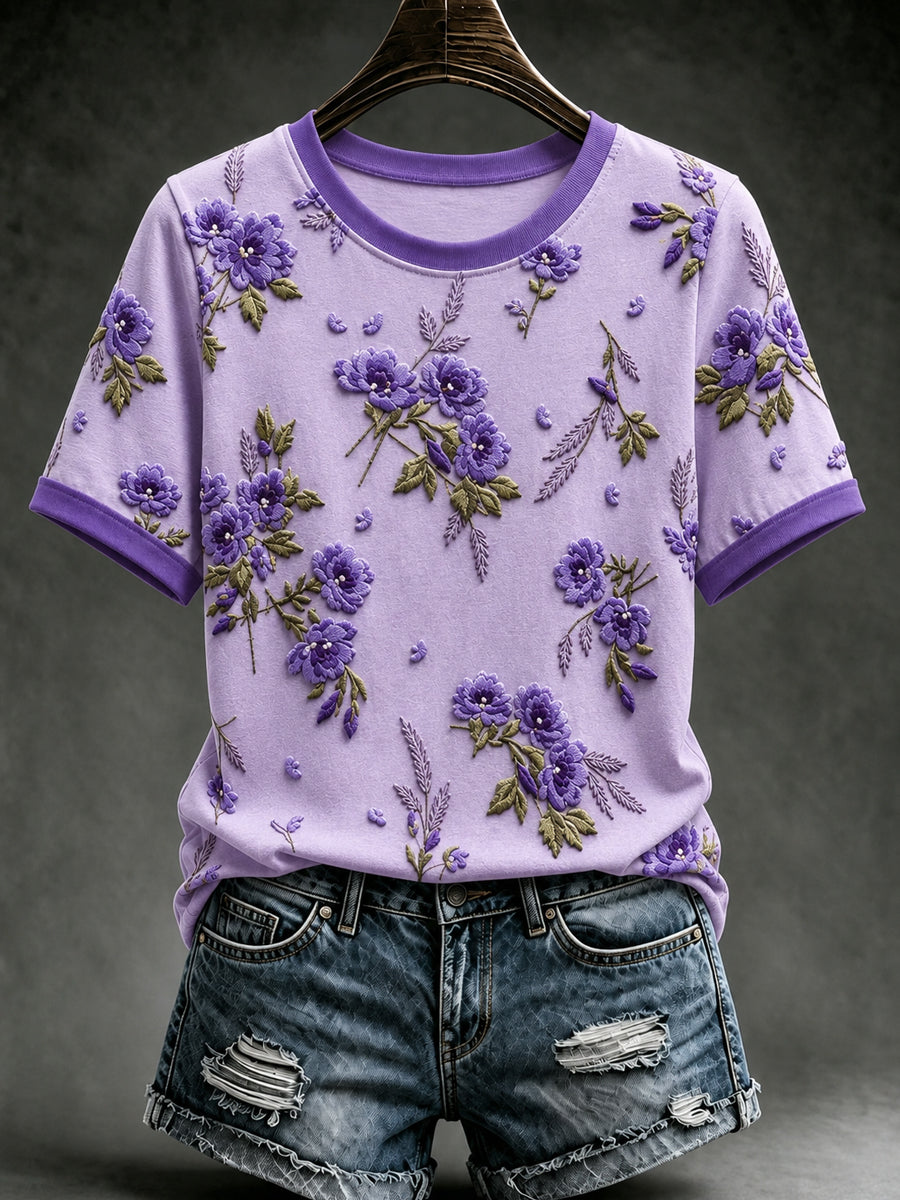 T-shirt à manches courtes violet à imprimé floral pour femmes