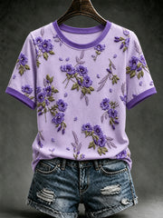 T-shirt à manches courtes violet à imprimé floral pour femmes