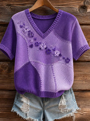 T-shirt à manches courtes violet imprimé floral et sensibilisation à la maladie d'Alzheimer Femme