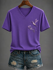 T-shirt Femme Violet Imprimé Flora Art Col V