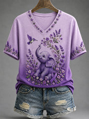 T-shirt à col en V violet à imprimé floral et éléphant pour femmes