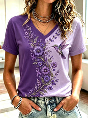 T-shirt à col en V violet à imprimé floral et colibri pour femmes, soutien de sensibilisation à la maladie d'Alzheimer