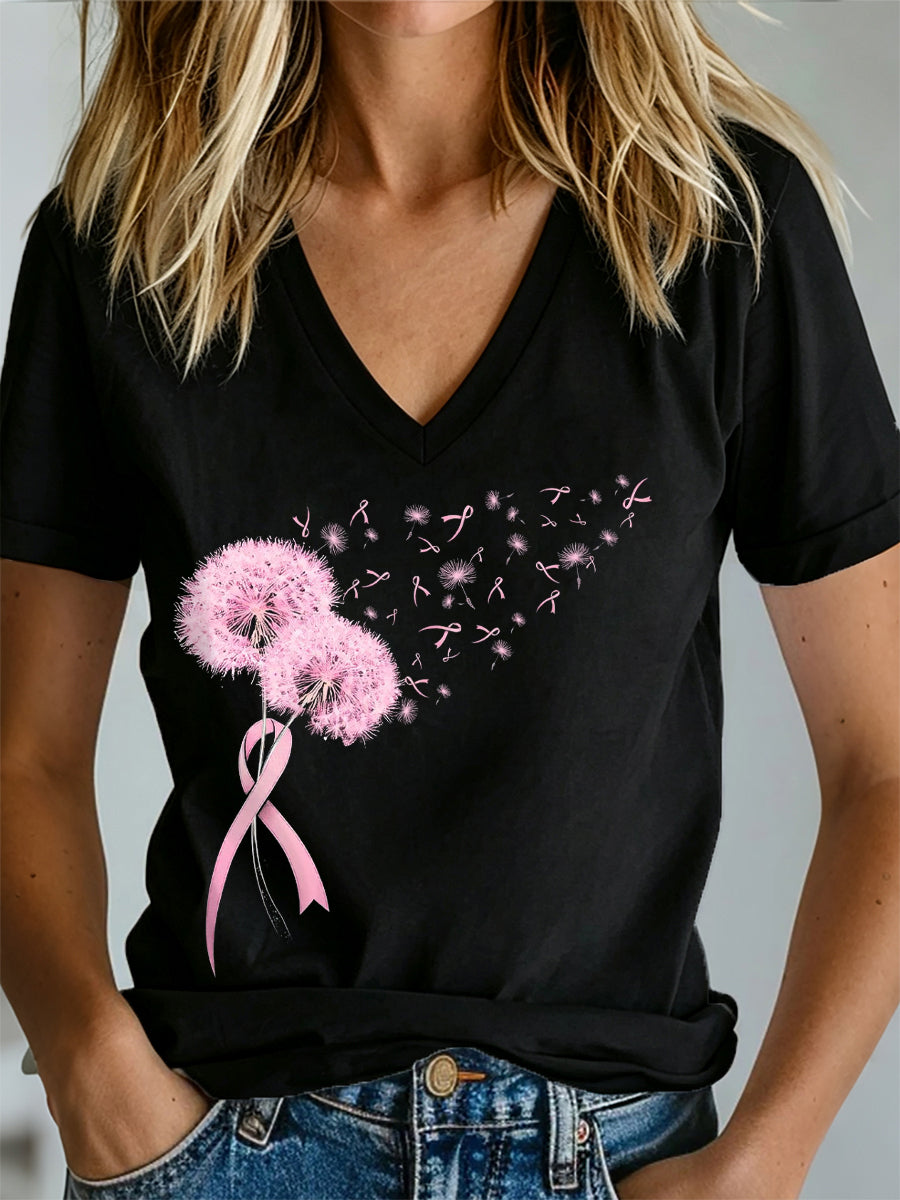 T-shirt col V imprimé sensibilisation au cancer du sein pour femmes
