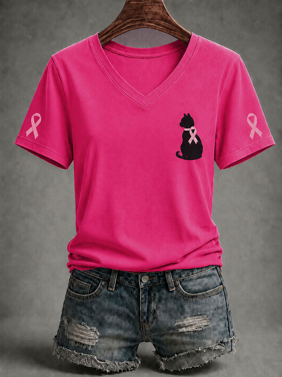 T-shirt Femme à Manches Courtes Chat Noir Ruban Rose Sensibilisation au Cancer du Sein