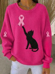 Sensibilisation au cancer du sein des femmes chat noir ruban rose côtelé col rond Sweatshirt