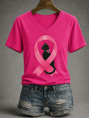 T-shirt à manches courtes pour femmes, sensibilisation au cancer du sein, chat noir et ruban rose