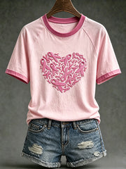T-shirt décontracté à manches courtes, motif avec ruban rose de la solidarité féminine