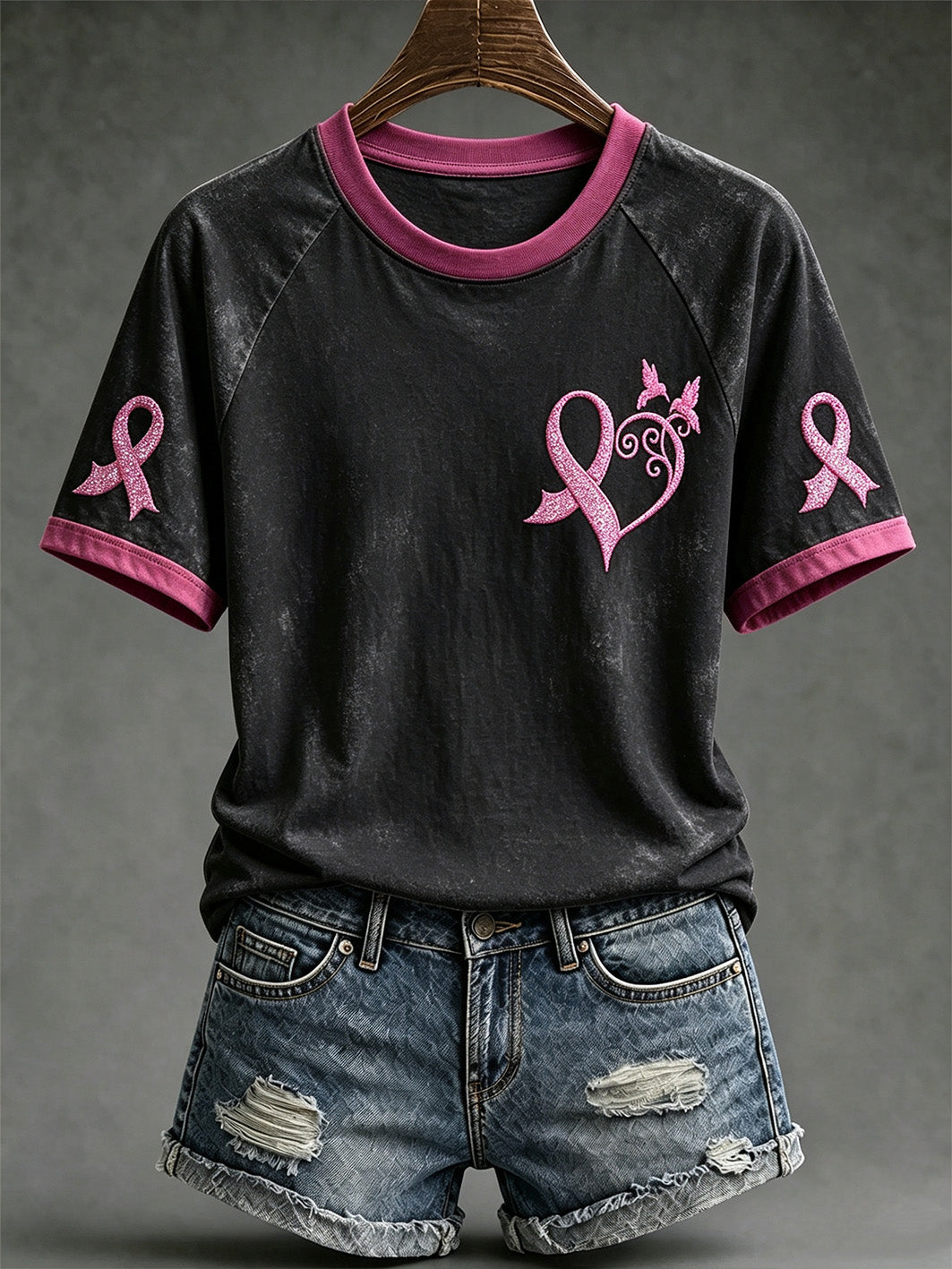 T-shirt décontracté à manches courtes, motif avec ruban rose de la solidarité féminine