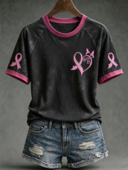 T-shirt décontracté à manches courtes, motif avec ruban rose de la solidarité féminine