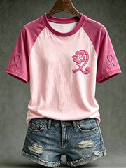 T-shirt décontracté à manches courtes, motif avec ruban rose de la solidarité féminine