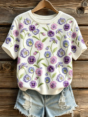 Pull décontracté à manches courtes pour femme, orné d’un motif de fleurs violettes