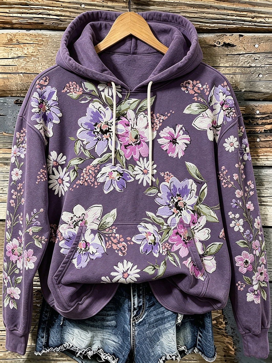 Sweat à capuche décontracté pour femme, imprimé de motifs floraux violets