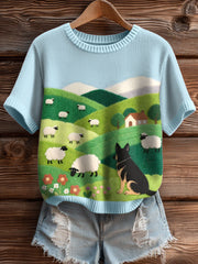 Haut en tricot confortable à motif de chien de berger et de mouton pour femmes