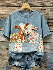 Femmes Vintage Farm Cows Floral Patchwork Imprimer lin T-shirt