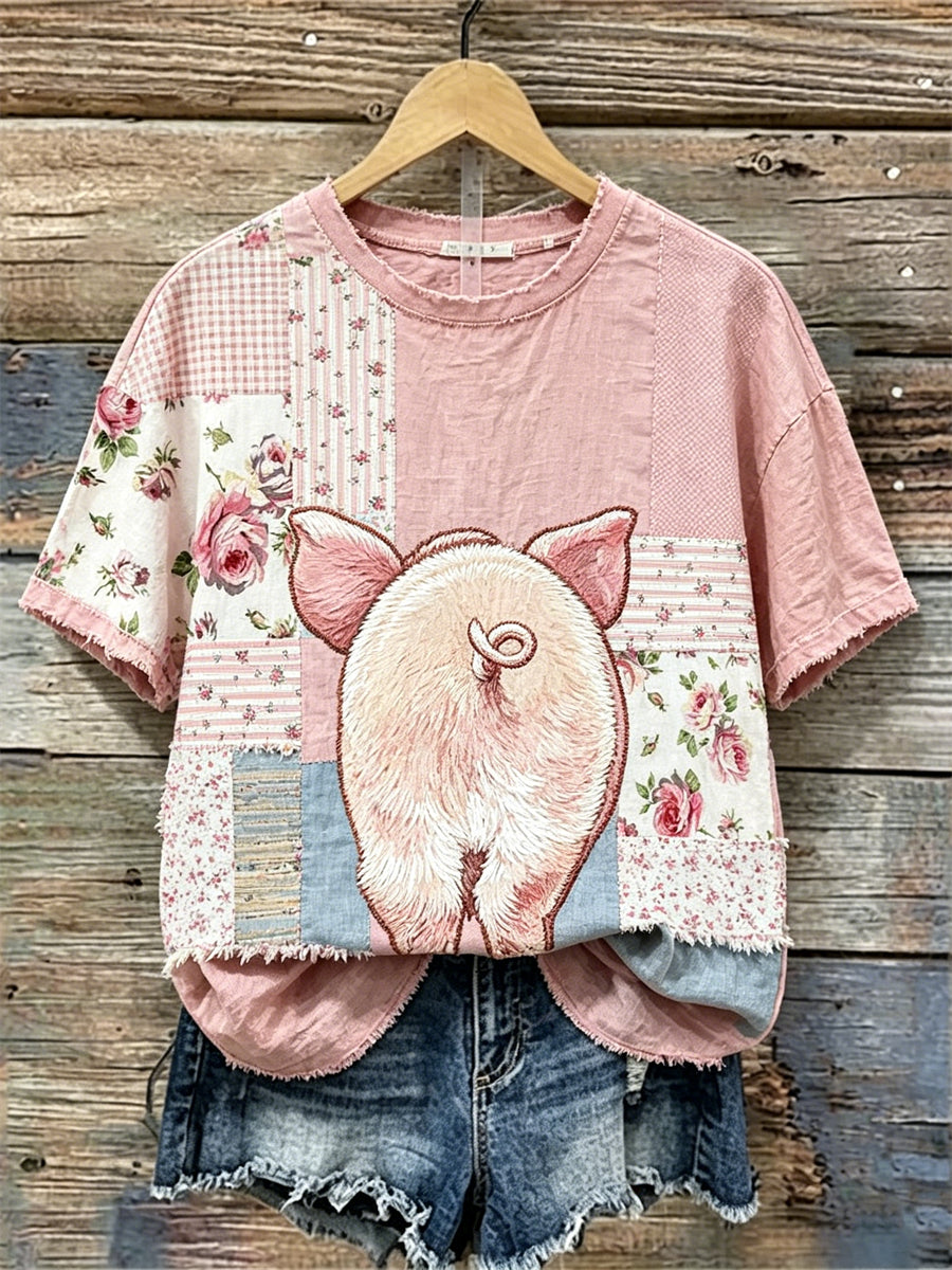 Cochon de retour des femmes vue Cottage Floral Patchwork Imprimer lin T-shirt