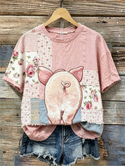 Cochon de retour des femmes vue Cottage Floral Patchwork Imprimer lin T-shirt