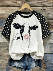 T-shirt femme journal vache imprimé pois raglan lin à manches courtes