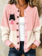 Gilet tricoté style cardigan pour femmes, motif cancer du sein, couleur noire