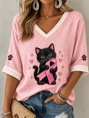 T-shirt pour femmes contre le cancer du sein, motif chat noir, manches mi-longues, col en V