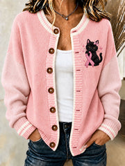 Gilet tricoté style cardigan pour femmes, motif cancer du sein, couleur noire