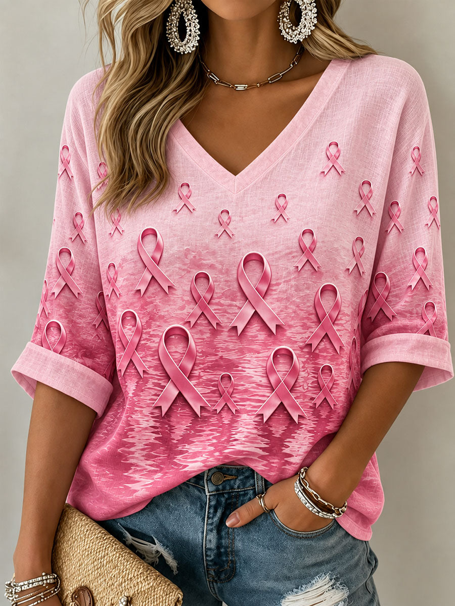 T-shirt pour femmes contre le cancer du sein, motif chat noir, manches mi-longues, col en V