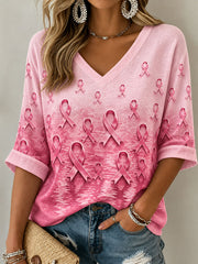T-shirt pour femmes contre le cancer du sein, motif chat noir, manches mi-longues, col en V
