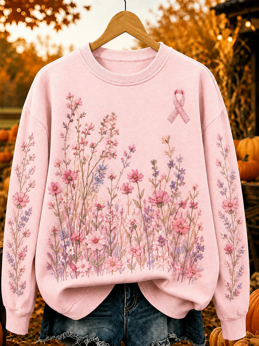 Sweat-shirt confortable pour femme, style vintage, ruban rose et imprimé floral