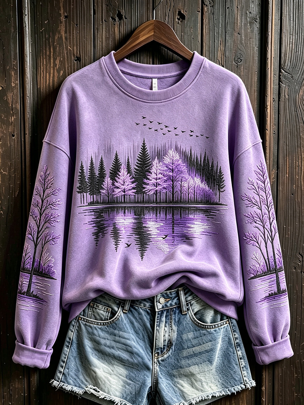 Sweat-shirt décontracté pour femme à motif paysager violet
