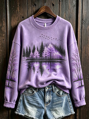 Sweat-shirt décontracté pour femme à motif paysager violet
