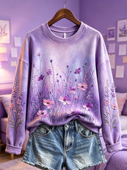 Sweatshirt femme motif fleurs mauves imprimé casual