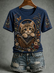 T-shirt à manches courtes art chat mignon automne femmes