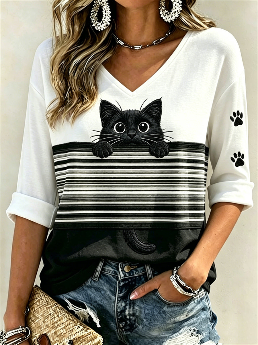 Femmes Peeking Black Cat & Paw Prints Colorblock Imprimer manches mi-longues col en V T-shirt